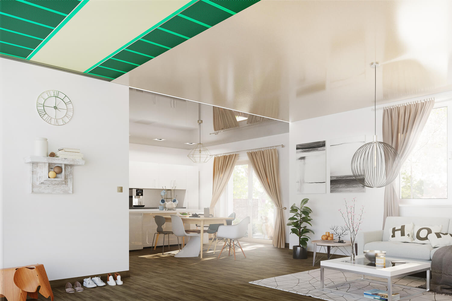 CILING Infrarot-Deckenheizung unter einer Spanndecke in hellgrau schnell, sauber und effizient montiert, Ansicht eines Wohn- und Esszimmers